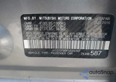 2015 Mitsubishi Lancer Se из США, поврежденный, VIN JA32V2FW9FU025397